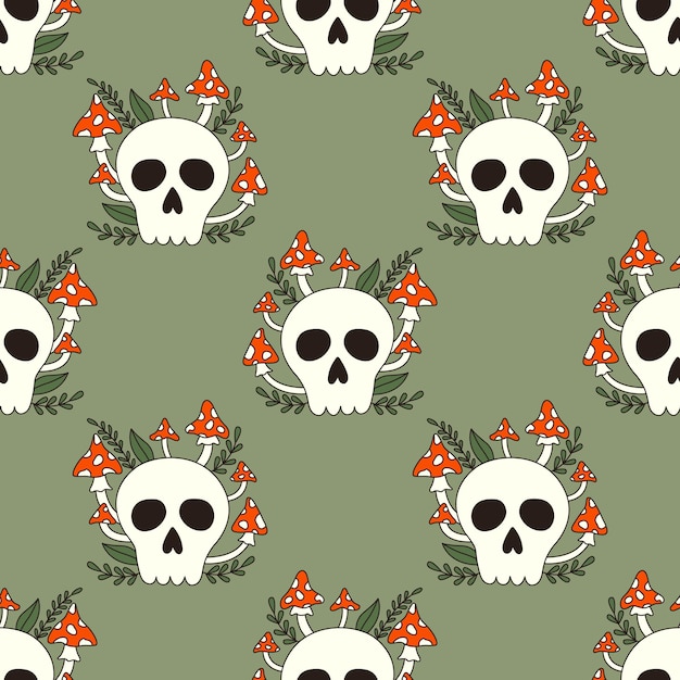 Seamless vector pattern with cartoon mystic skull and poisonous mushrooms