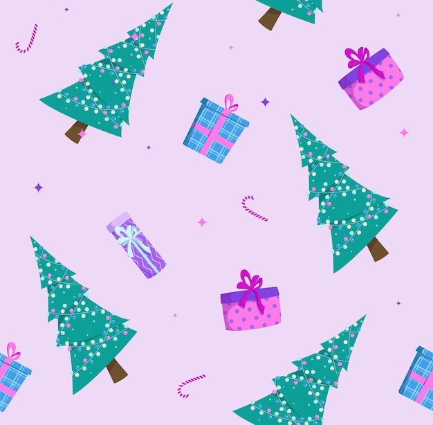 Seamless vector pattern with Christmas decorated tree gifts and sweets on a purple background