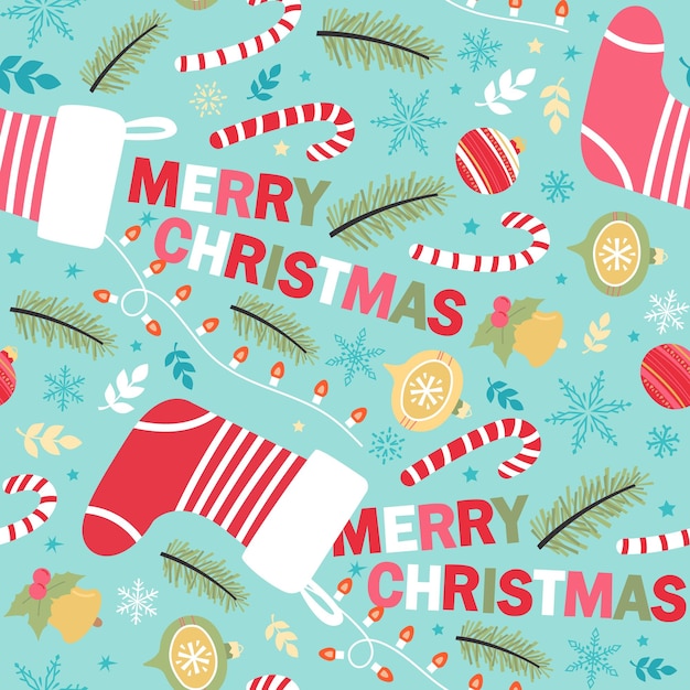 Seamless vector pattern with Christmas elements and inscription Merry Christmas For fabrics wrapping paper wallpapers