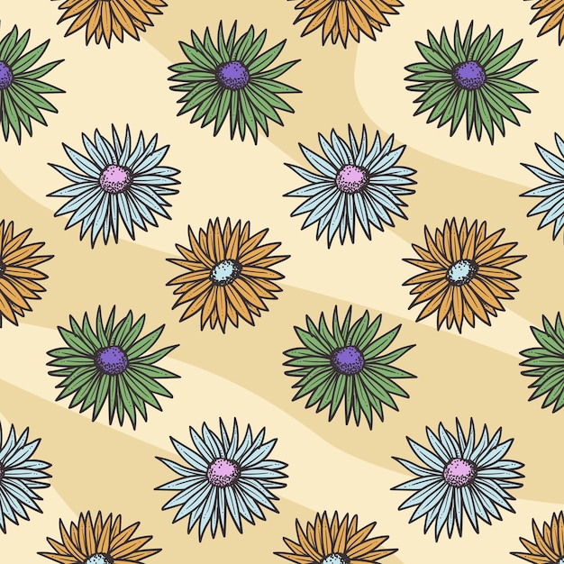 Seamless vector pattern with colorful flowers on the sand background