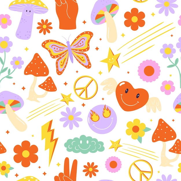 Seamless vector pattern with colorful groovy elements 70s 80s 90s vibes funky background