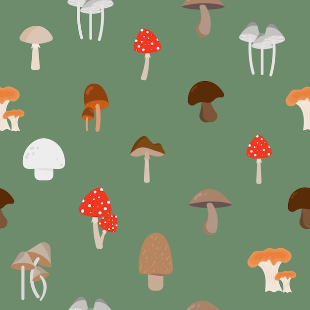 Seamless vector pattern with cute cartoon forest mushrooms on a green background