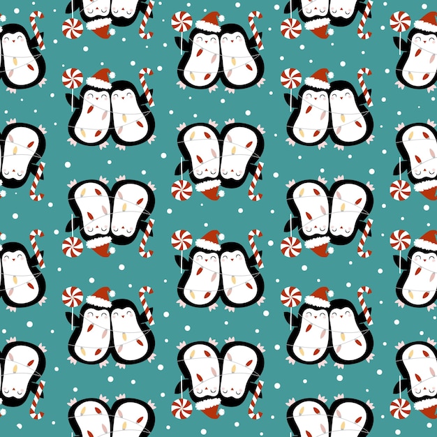 Vector seamless vector pattern with cute christmas penguins on green background.