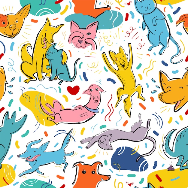 Seamless vector pattern with cute color cats and dogs in different poses and emotions, best friends