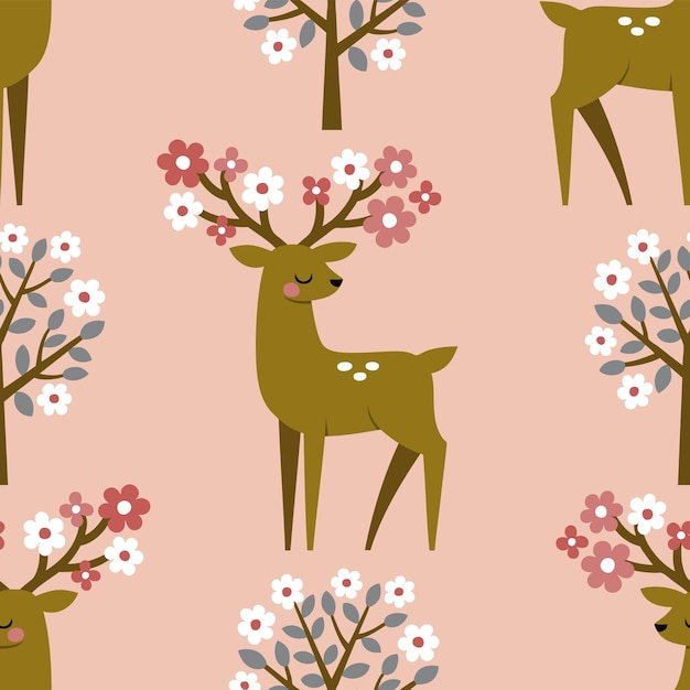 Seamless vector pattern with cute deer and Scandinavian flowers