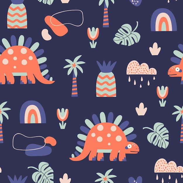 Seamless vector pattern with cute dinosaurs and design elements on a blue background Great for baby