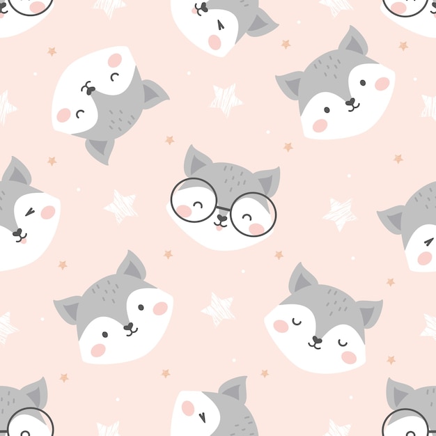 Seamless Vector Pattern with cute face of a fox with different emotions. Childish Cartoon Animals