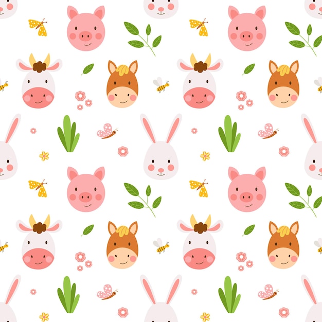 Seamless vector pattern with cute farm animals  bunny cow pig and horse