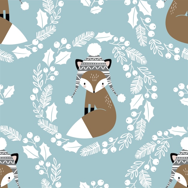 Seamless vector pattern with cute hand drawn fox in winter wreath.