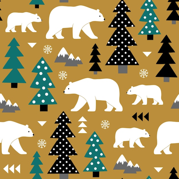 Seamless vector pattern with cute hand drawn polar bears, pine trees and snowy winter woodland