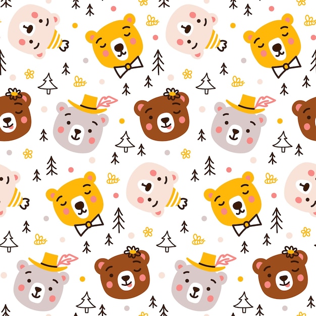 Seamless vector pattern with cute happy bear cub heads