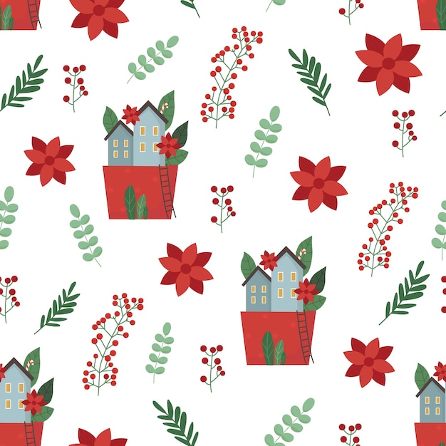 seamless vector pattern with cute houses leaves and flowers poinsettia in green and red