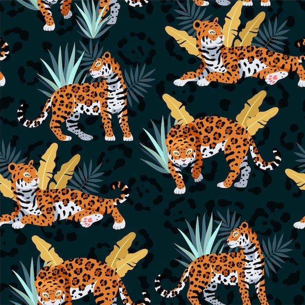 Seamless vector pattern with cute jaguar and golden palm leaves on the black background