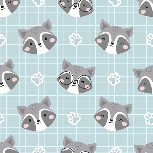 Seamless Vector Pattern with Cute Raccoon. Childish Forest Cartoon Animals Background.