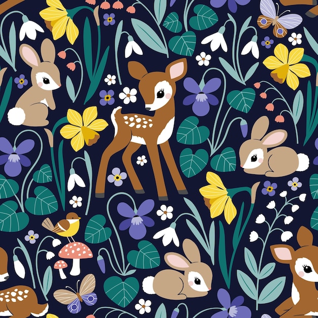 Seamless vector pattern with cute vintage deers and rabbits on floral background