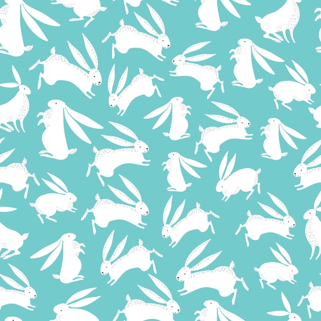 Seamless vector pattern with cute white hares rabbits bunnies on a blue background