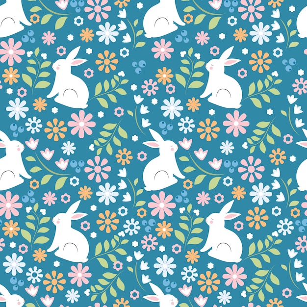 Seamless vector pattern with cute white rabbits on a floral background Perfect for textiles