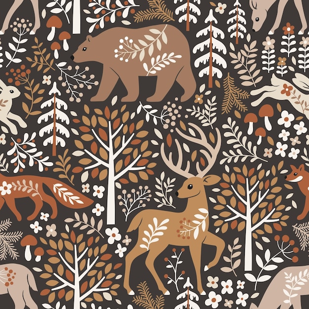 Seamless vector pattern with cute woodland animals, trees and leaves.