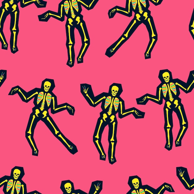 Seamless vector pattern with dancing skeletons vibrant colors