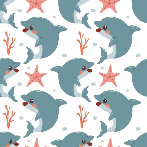 Seamless vector pattern with dolphins on a light background Cute dolphin pattern for kids