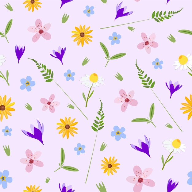 Seamless vector pattern with floral design and hand drawn elements Leaves flowers grass branches