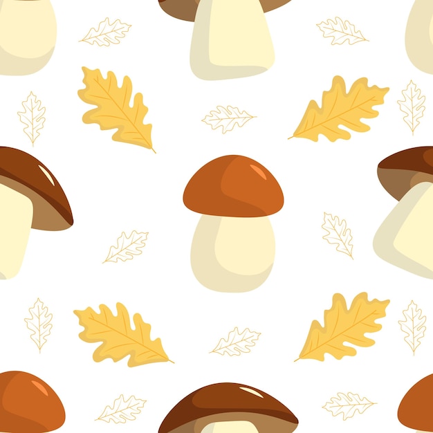 Seamless vector pattern with forest mushrooms and autumn leaves on white background Fabric design