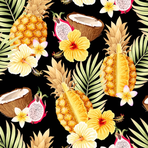 Seamless vector pattern with fruits and flowers