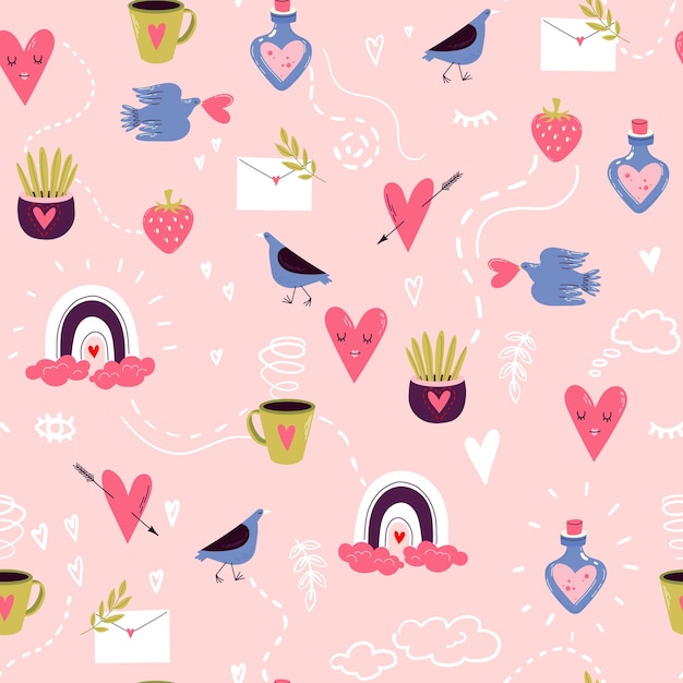 Seamless vector pattern with funny birds and hearts Romantic love illustration for textile fabric backrgound wrapping Valentines day