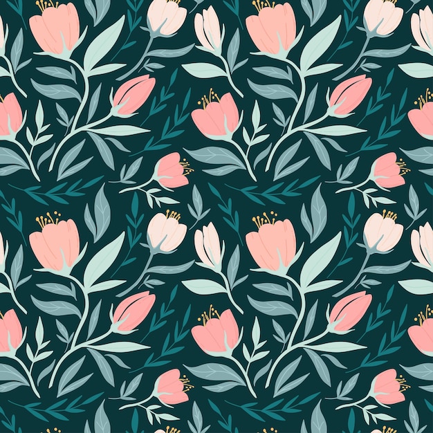 Seamless vector pattern with garden flower tulip plants botanical Cute pattern with pink flower