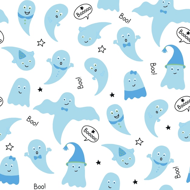 Seamless vector pattern with ghosts of children Cute blue ghosts on an white background