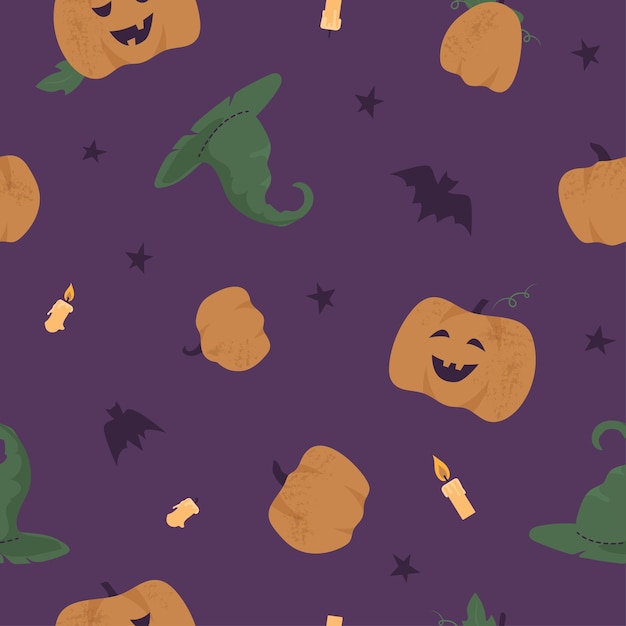 Seamless vector pattern with halloween pumkins candles and witch hats