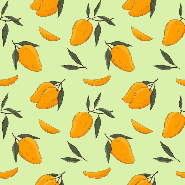 Seamless vector pattern with hand drawn decorative mango on green background Vintage style