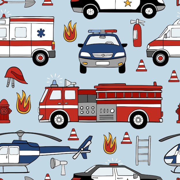 Seamless vector pattern with hand drawn emergency cars on light blue background