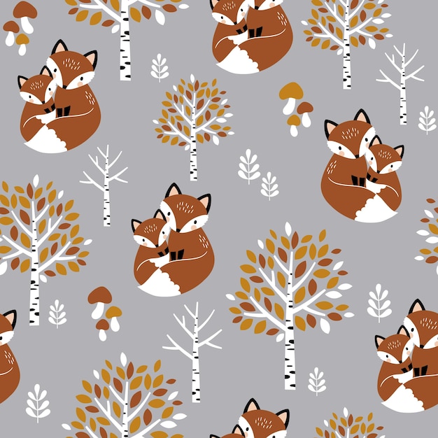 Seamless vector pattern with hand drawn fox family, cute baby fox and trees.