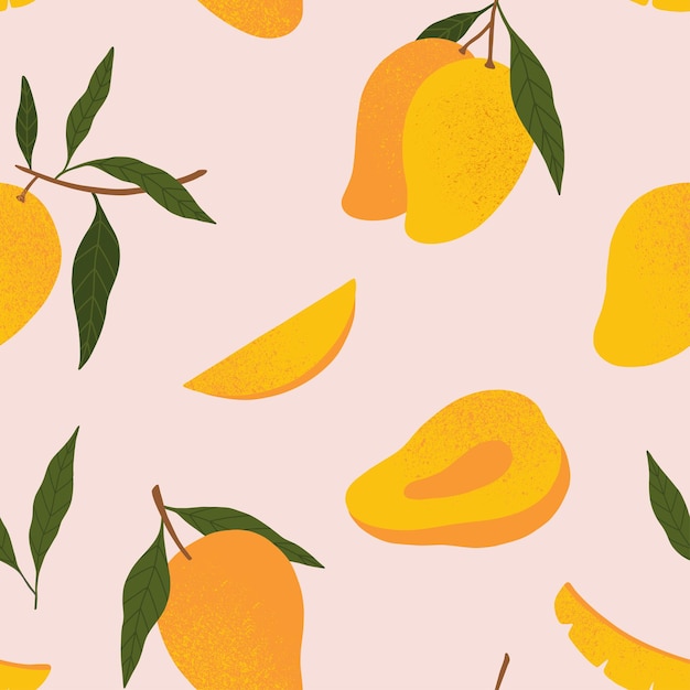 Vector seamless vector pattern with hand drawn textured mango on pink background tropical fruit background