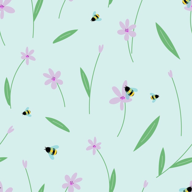 Seamless vector pattern with handdrawn wild flowers and bees