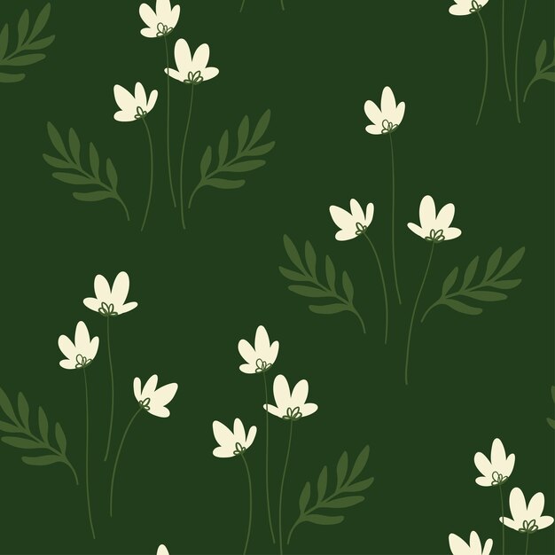 Seamless vector pattern with handdrawn wild flowers on green background spring field