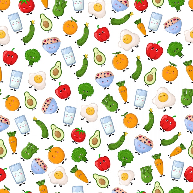 Seamless vector pattern with kawaii cartoon food