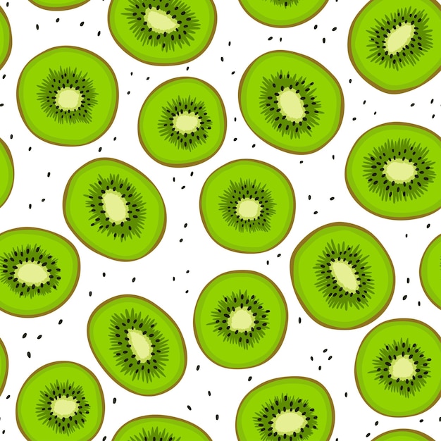 Seamless vector pattern with kiwi slice on white background. Fresh green kiwi with seed. Hand drawn