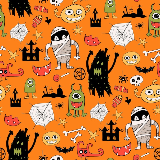 Seamless vector pattern with monster and pumpkin web sweet candy