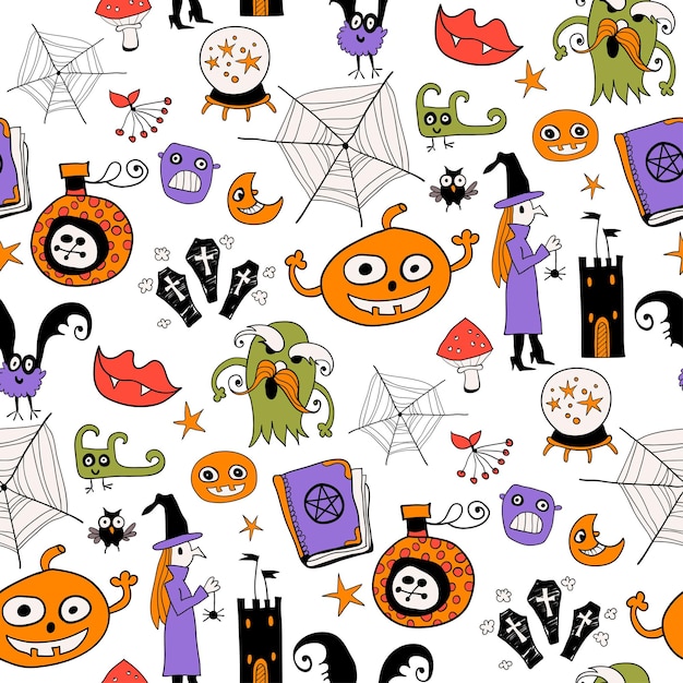 Seamless vector pattern with monster and pumpkin web sweet candy