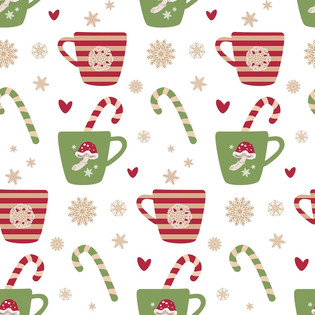 Seamless vector pattern with mugs of hot drinks and sweet lollipops, snowflakes, hearts in a modern