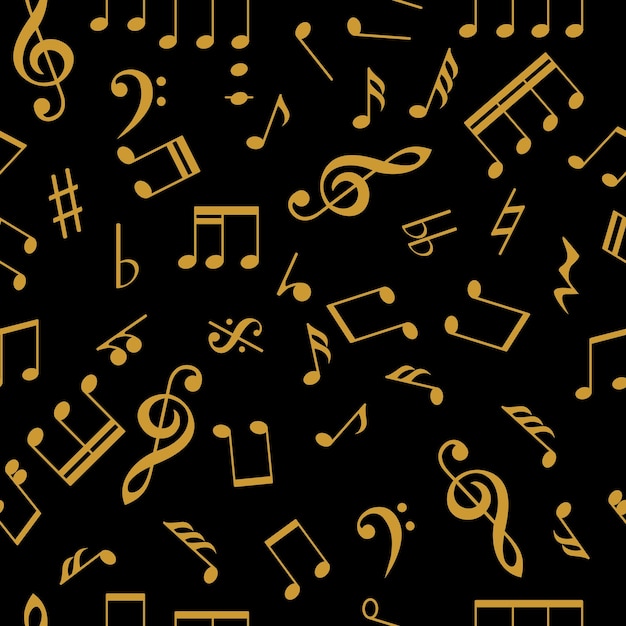 seamless vector pattern with musical notes on a black background