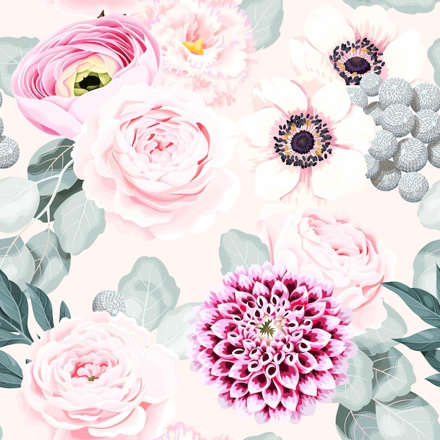 Vector seamless vector pattern with pastel high detailed vintage flowers