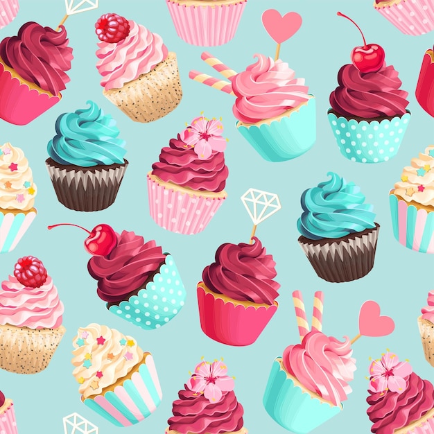 Seamless vector pattern with pastel pink cupcakes