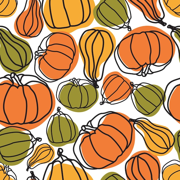 Seamless vector pattern with pumpkins. Hand drawn doodles. Wallpaper orange, yellow, green.