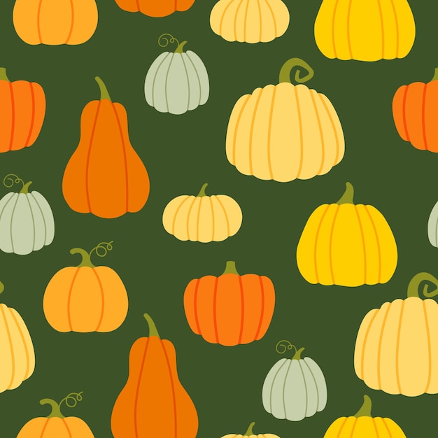 Seamless vector pattern with pumpkins in various shapes and colors. Halloween and Thanksgiving day.