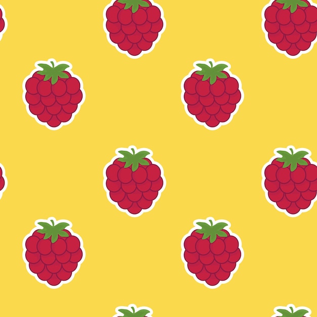 Seamless vector pattern with raspberries on a yellow background Suitable for the design of textile fabric wrapping paper and wallpaper for websites Vector illustration