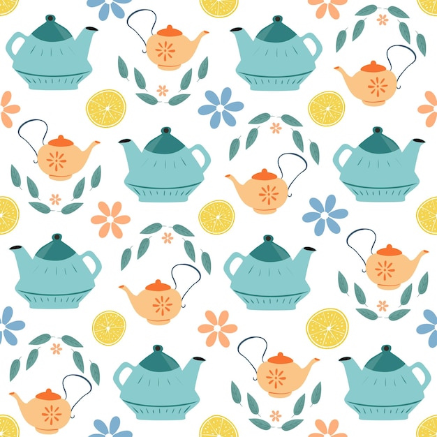 Seamless vector pattern with teapots, lemons, leaves and flowers isolated on a white background.