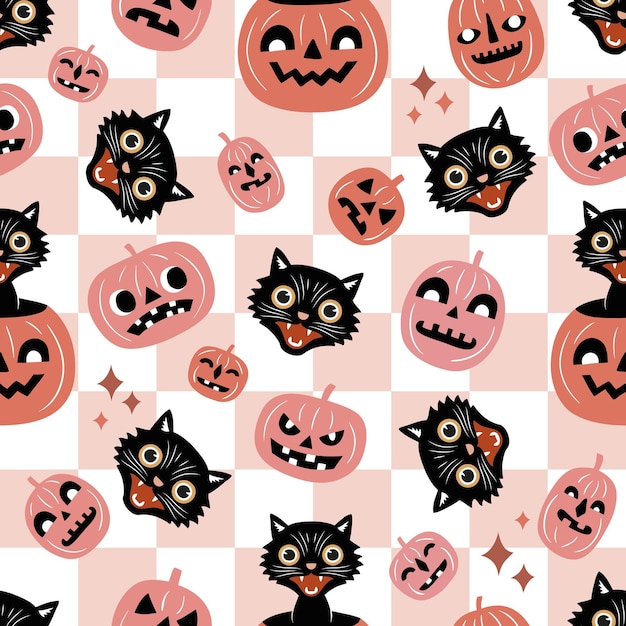 Seamless vector pattern with vintage black cats and Halloween pumpkins on checked background